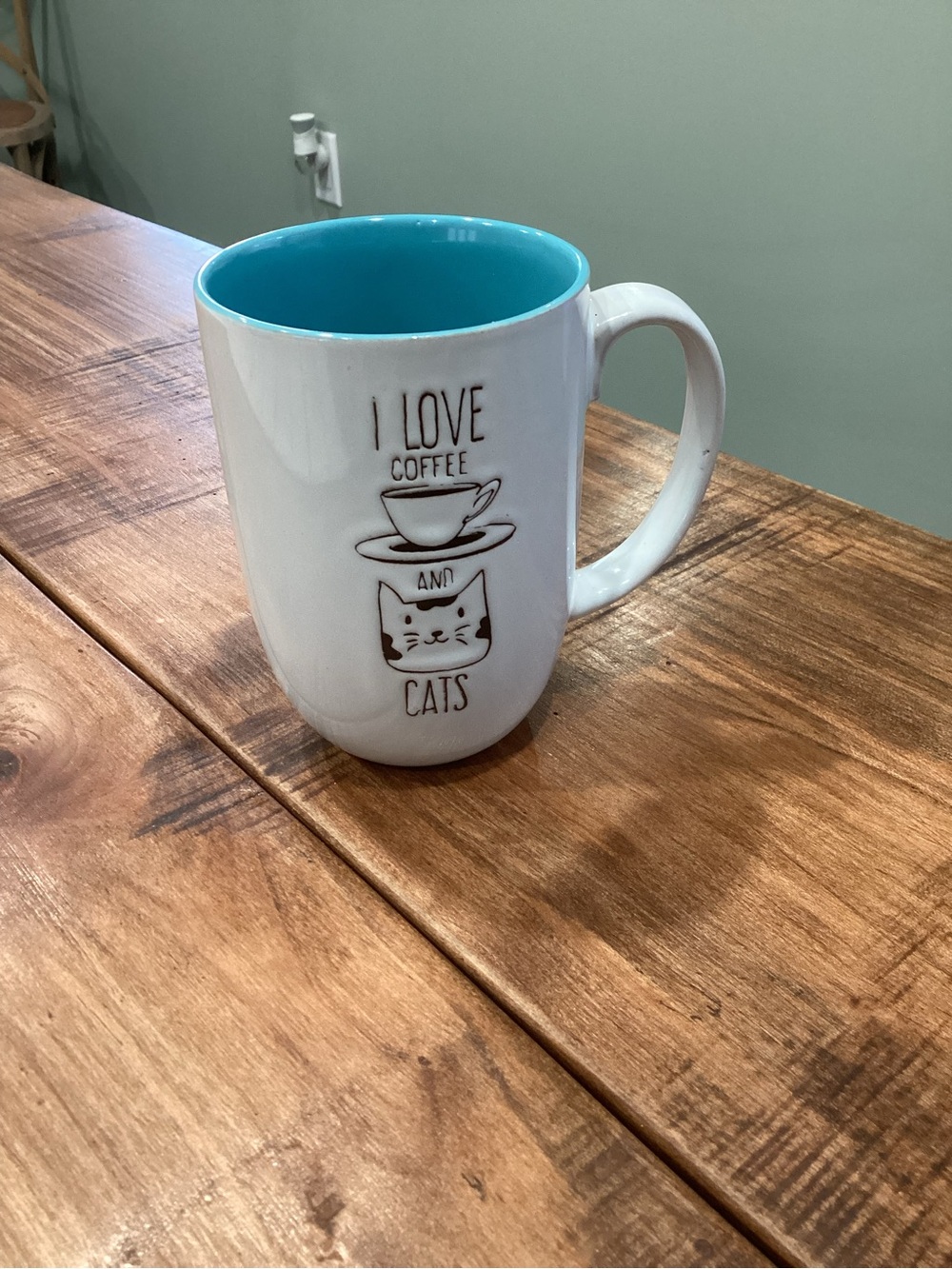'I Love Coffee and Cats' Ceramic Mug. White and Turquoise Color